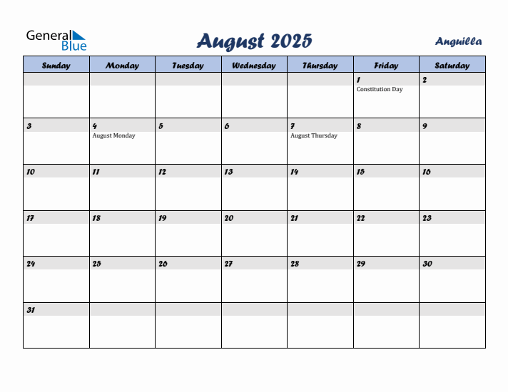 August 2025 Calendar with Holidays in Anguilla