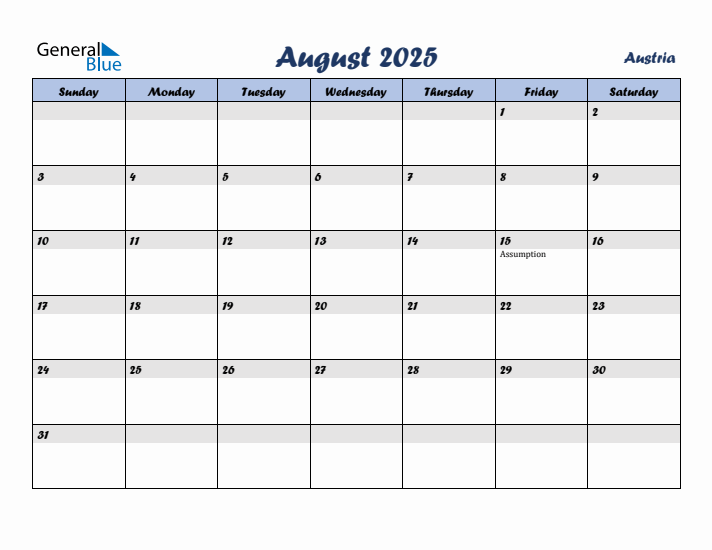 August 2025 Calendar with Holidays in Austria