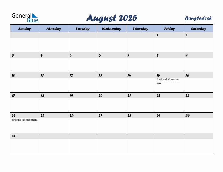 August 2025 Calendar with Holidays in Bangladesh