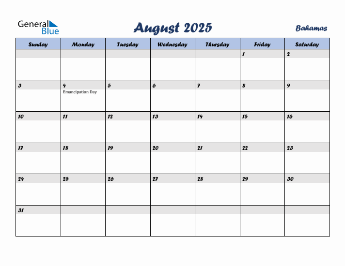 August 2025 Calendar with Holidays in Bahamas