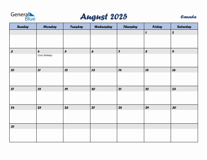 August 2025 Calendar with Holidays in Canada