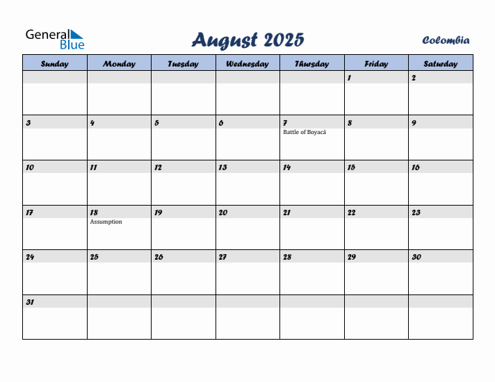 August 2025 Calendar with Holidays in Colombia