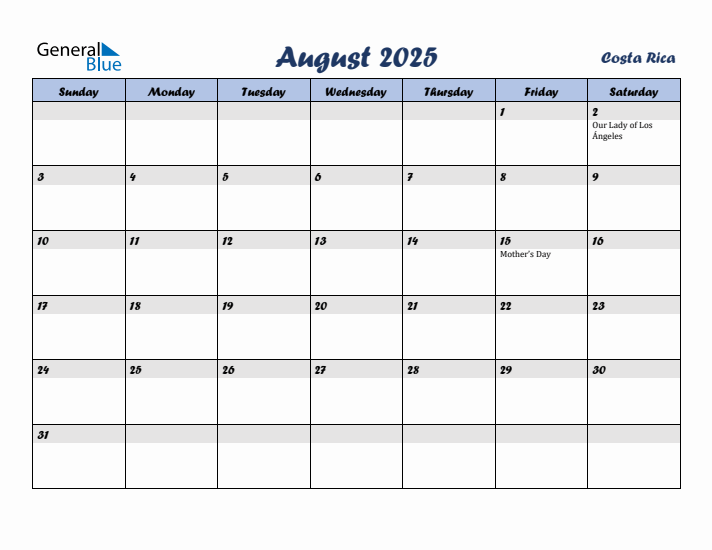 August 2025 Calendar with Holidays in Costa Rica