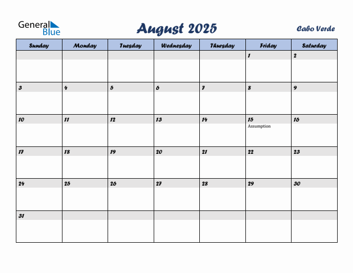 August 2025 Calendar with Holidays in Cabo Verde