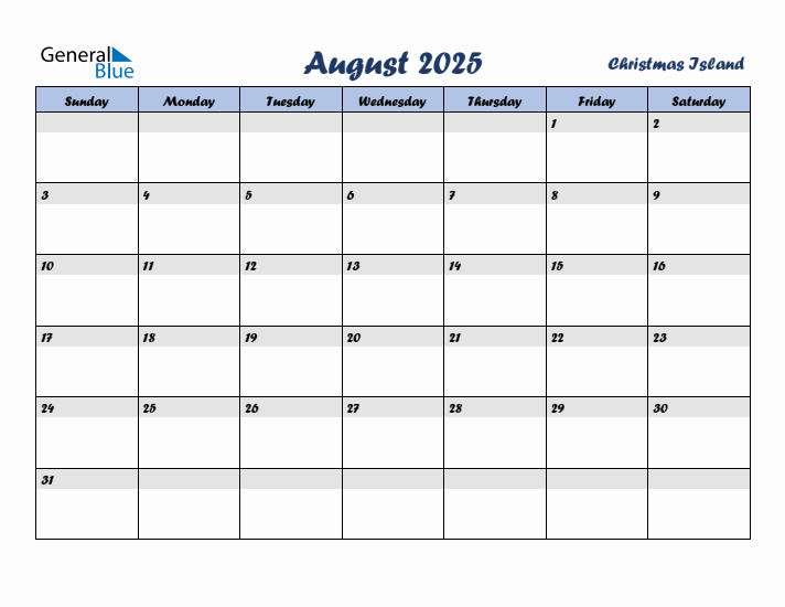 August 2025 Calendar with Holidays in Christmas Island