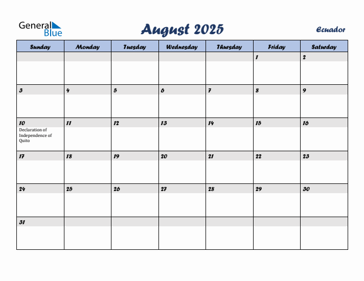 August 2025 Calendar with Holidays in Ecuador