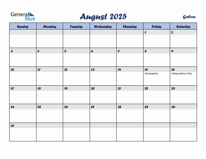 August 2025 Calendar with Holidays in Gabon