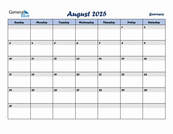 August 2025 Calendar with Holidays in Guernsey