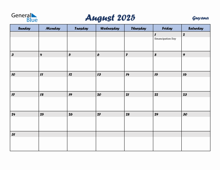 August 2025 Calendar with Holidays in Guyana