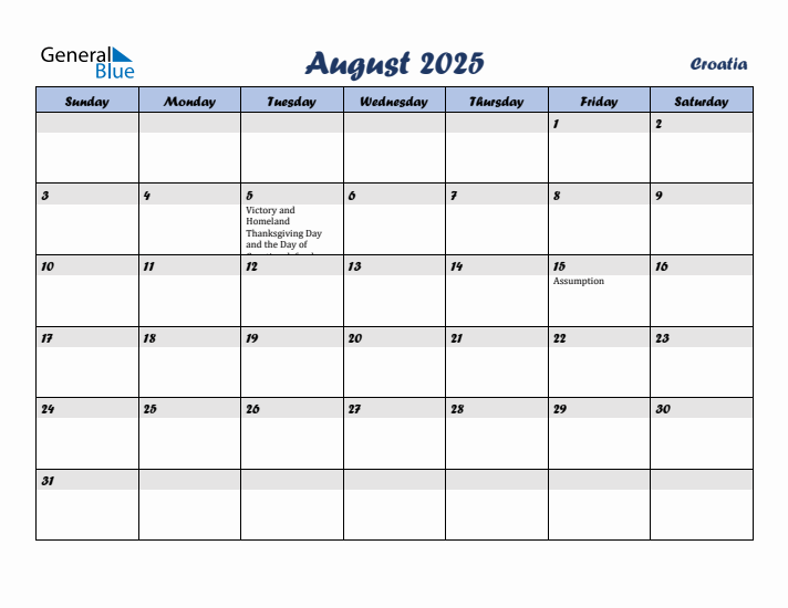 August 2025 Calendar with Holidays in Croatia