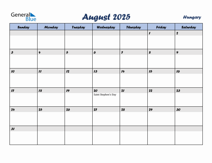 August 2025 Calendar with Holidays in Hungary