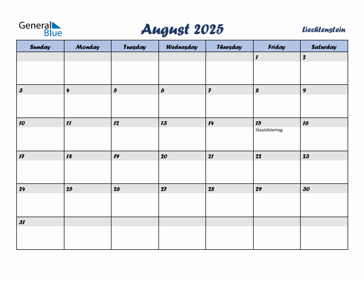 August 2025 Calendar with Holidays in Liechtenstein