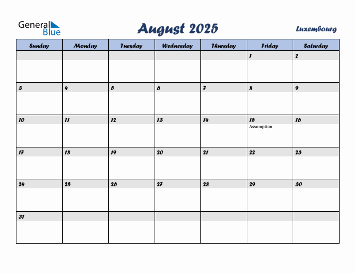 August 2025 Calendar with Holidays in Luxembourg