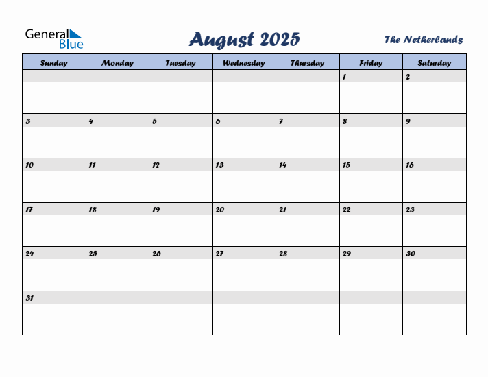 August 2025 Calendar with Holidays in The Netherlands