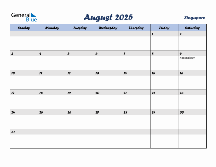 August 2025 Calendar with Holidays in Singapore