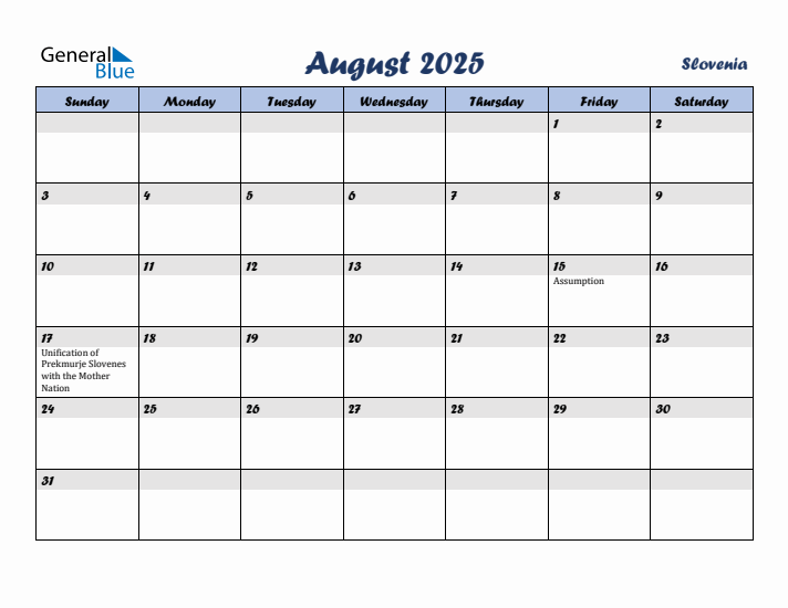 August 2025 Calendar with Holidays in Slovenia