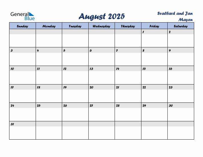 August 2025 Calendar with Holidays in Svalbard and Jan Mayen