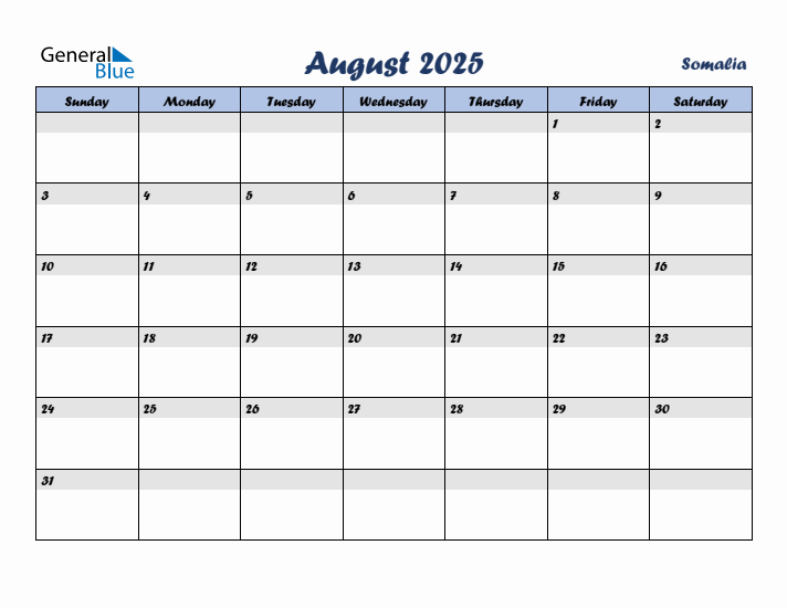 August 2025 Calendar with Holidays in Somalia