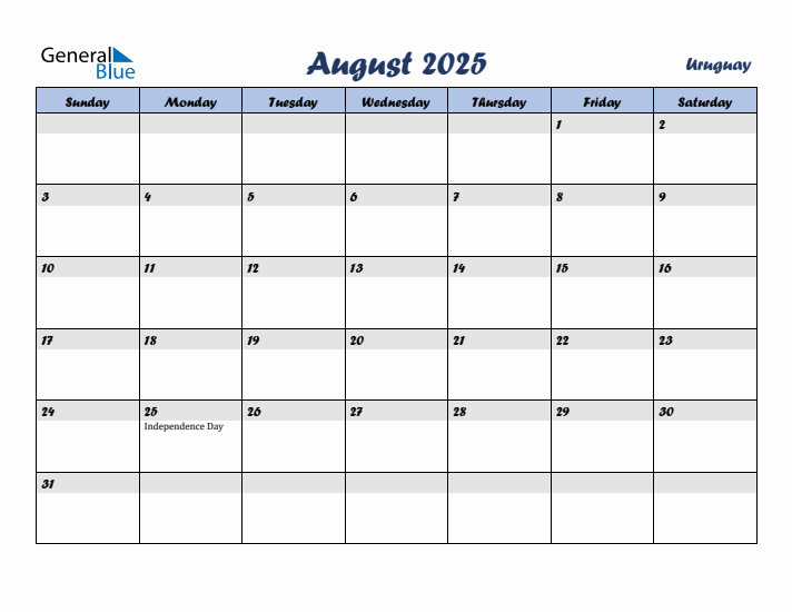 August 2025 Calendar with Holidays in Uruguay