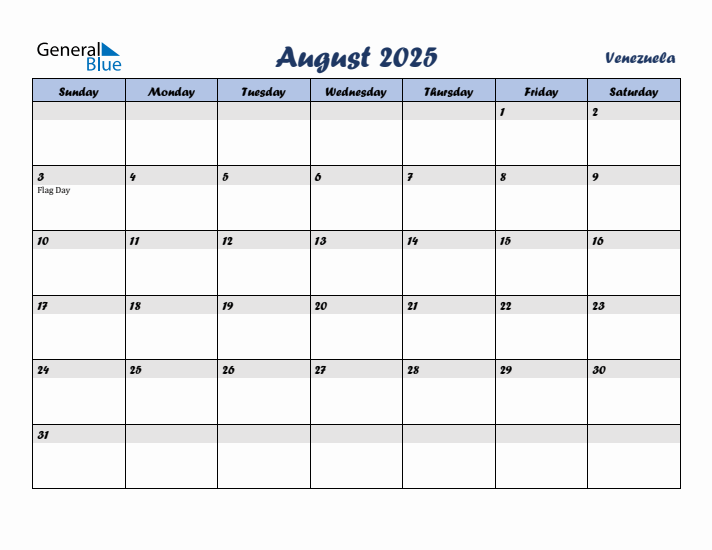 August 2025 Calendar with Holidays in Venezuela