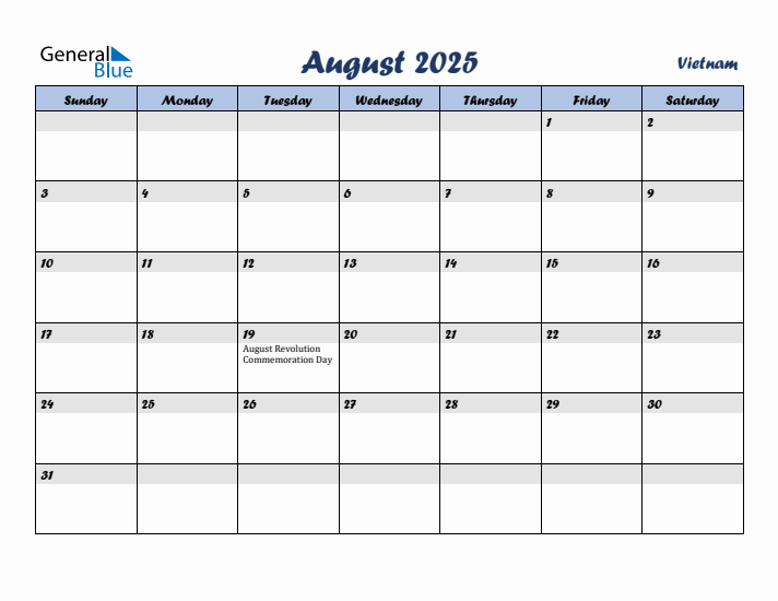 August 2025 Calendar with Holidays in Vietnam