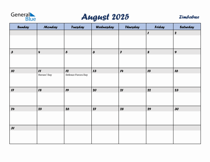 August 2025 Calendar with Holidays in Zimbabwe