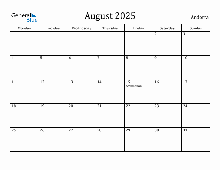 August 2025 Calendar Andorra