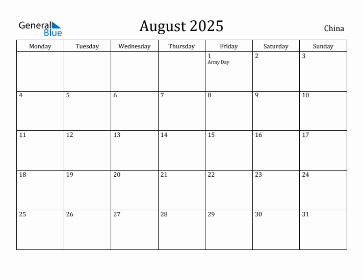 August 2025 Calendar China