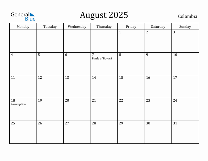 August 2025 Calendar Colombia