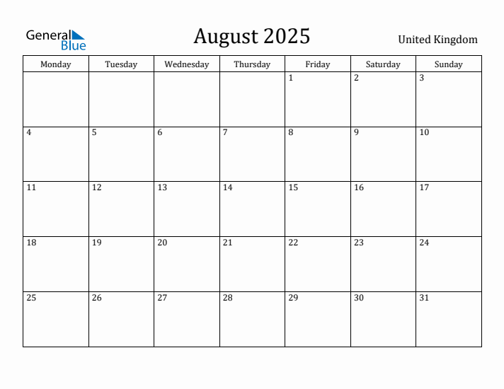 August 2025 Calendar United Kingdom