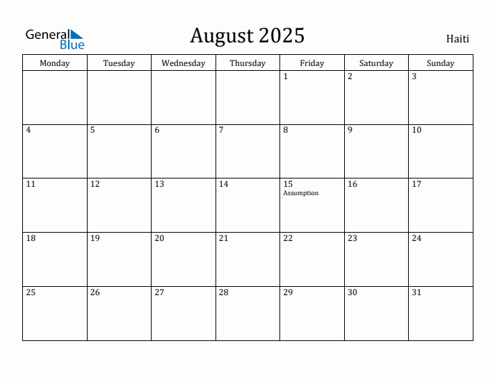 August 2025 Calendar Haiti