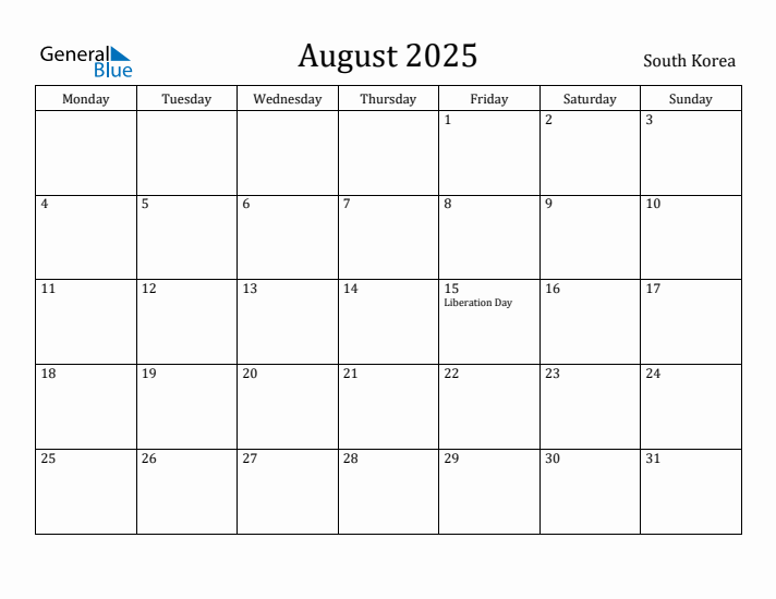 August 2025 Calendar South Korea