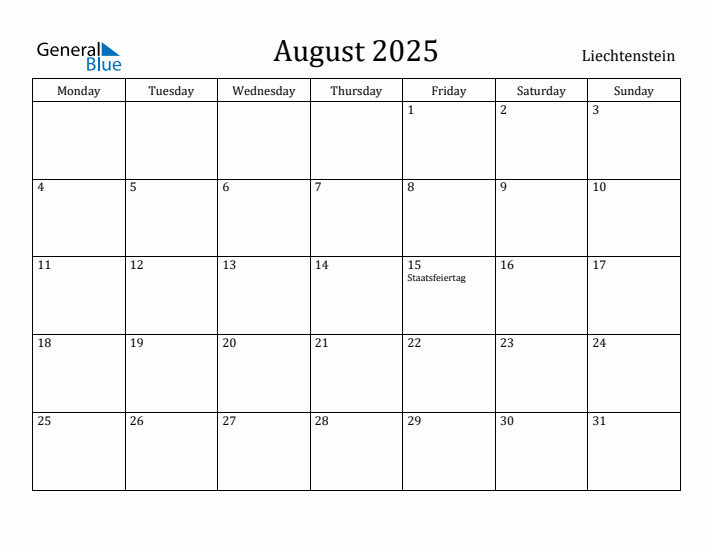 August 2025 Calendar Liechtenstein