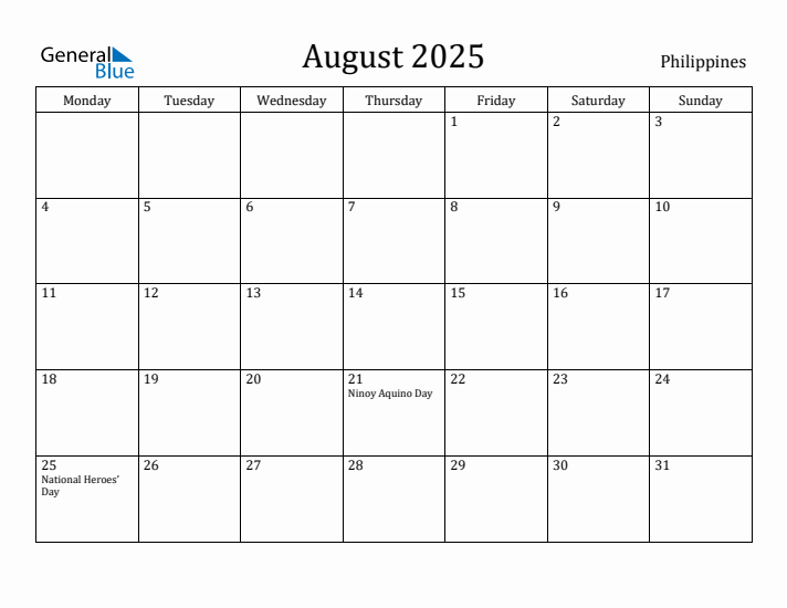 August 2025 Calendar Philippines