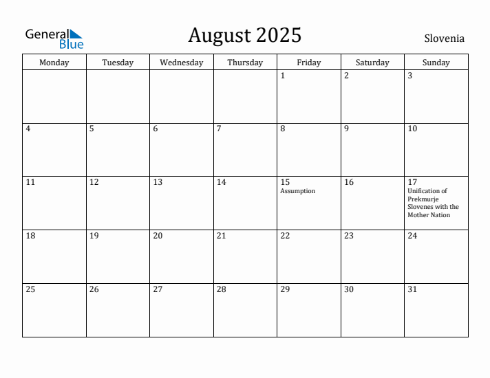 August 2025 Calendar Slovenia