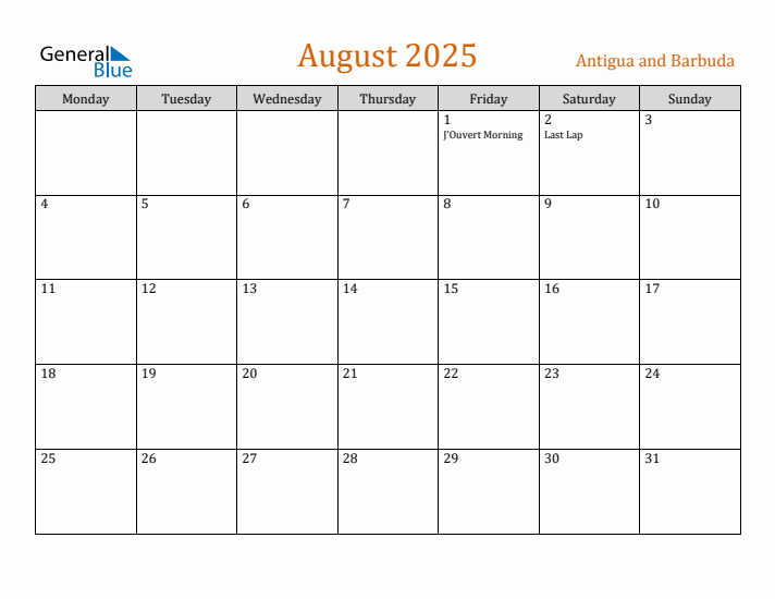 August 2025 Holiday Calendar with Monday Start