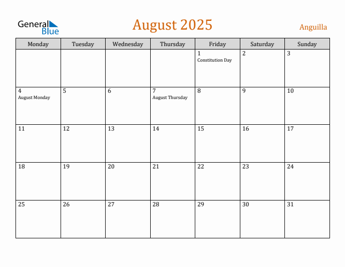 August 2025 Holiday Calendar with Monday Start