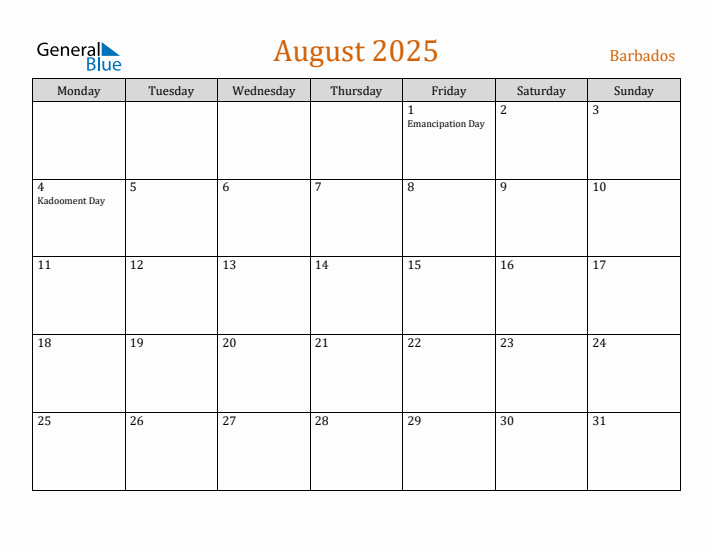 August 2025 Holiday Calendar with Monday Start