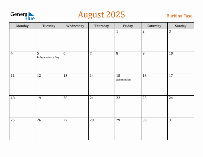 August 2025 Holiday Calendar with Monday Start