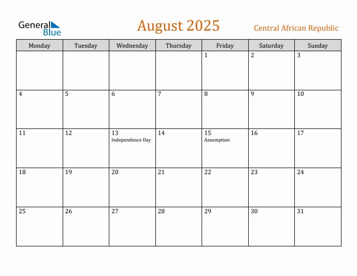 August 2025 Holiday Calendar with Monday Start