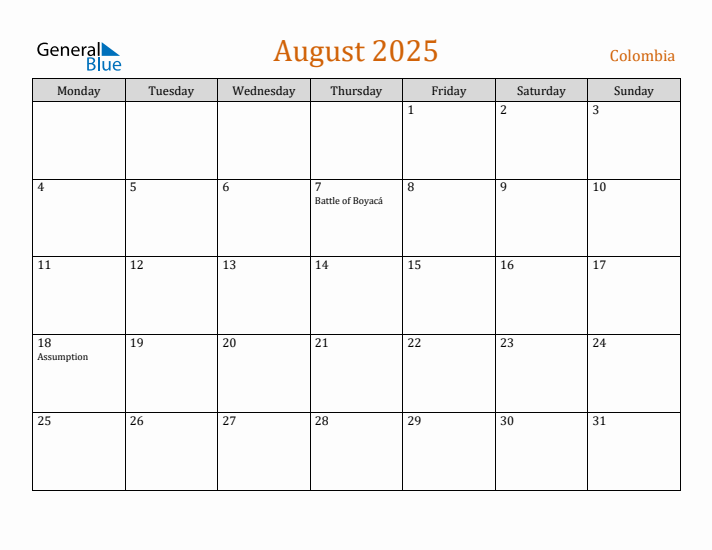 August 2025 Holiday Calendar with Monday Start