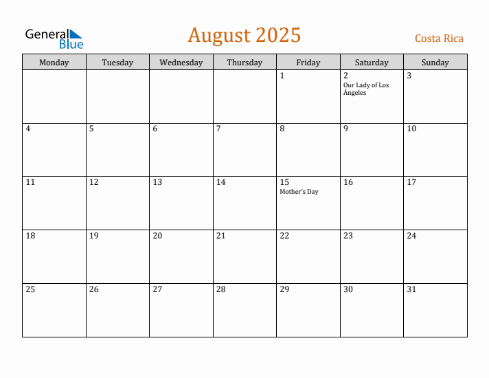 August 2025 Holiday Calendar with Monday Start