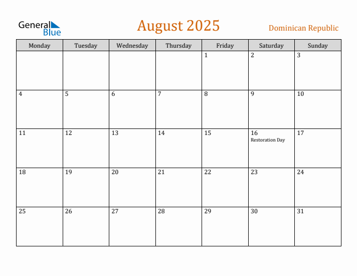 August 2025 Holiday Calendar with Monday Start