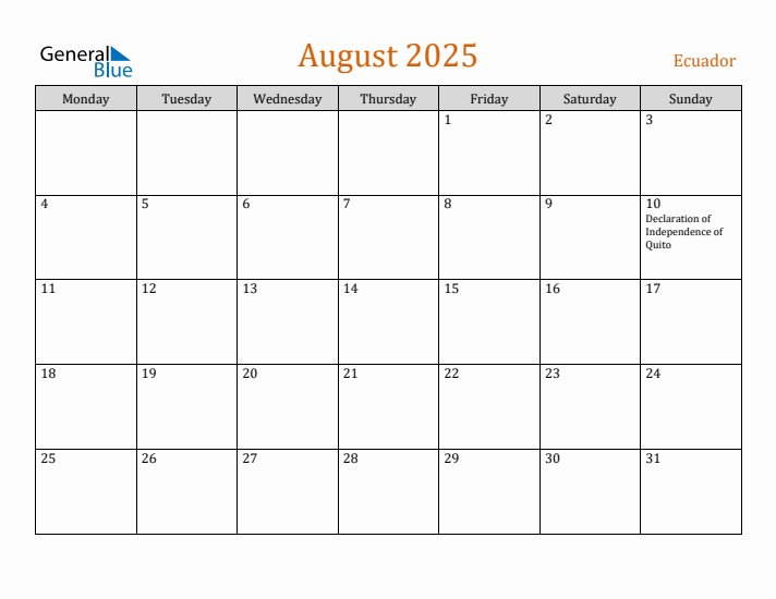 August 2025 Holiday Calendar with Monday Start