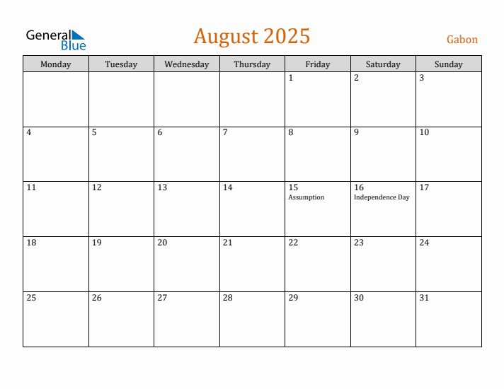 August 2025 Holiday Calendar with Monday Start