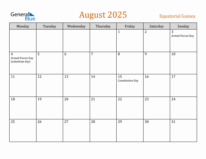 August 2025 Holiday Calendar with Monday Start