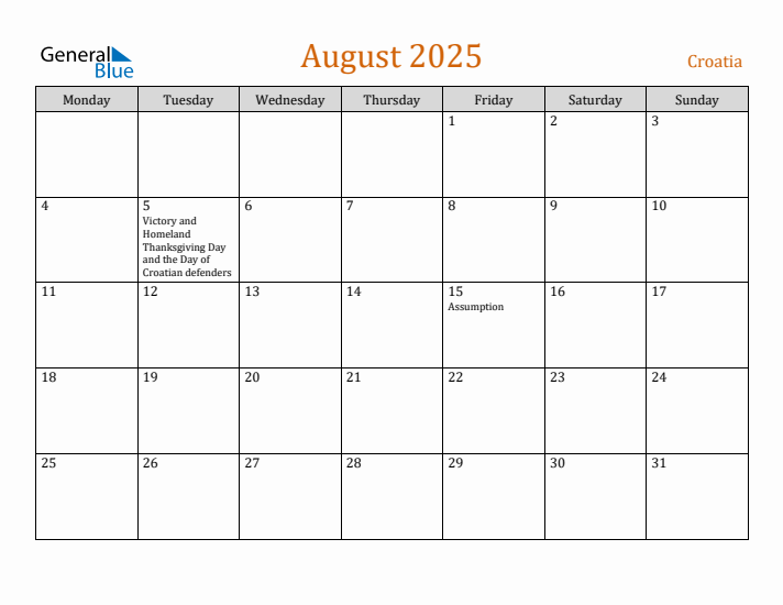 August 2025 Holiday Calendar with Monday Start