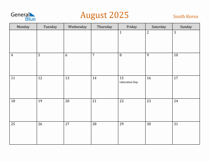 August 2025 Holiday Calendar with Monday Start