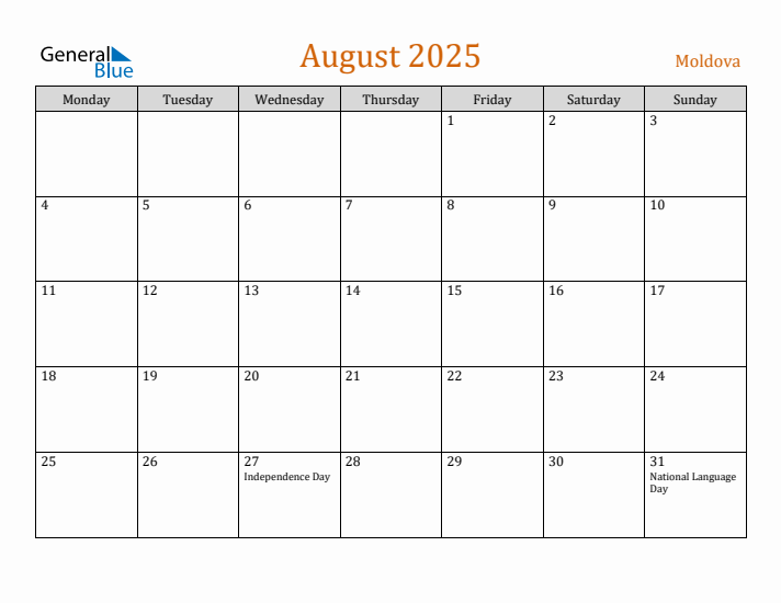 August 2025 Holiday Calendar with Monday Start