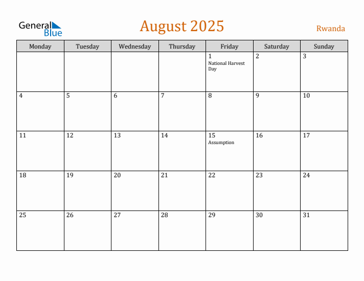 August 2025 Holiday Calendar with Monday Start